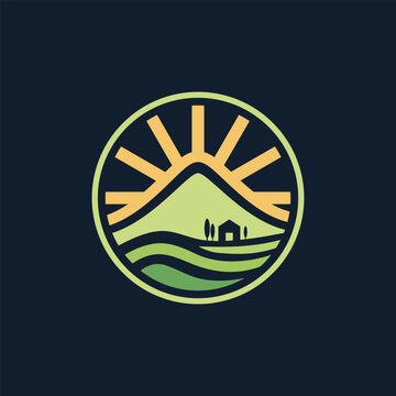 Minimalist vector logo farmfield with sunrise over rolling hills on dark background