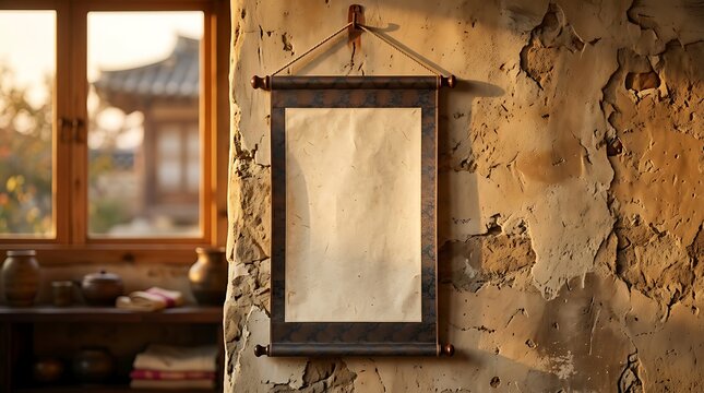 Blank traditional asian hanging scroll on a rustic wall