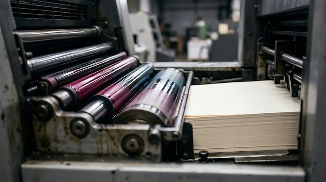 Industrial offset printing machine with ink rollers and paper stack