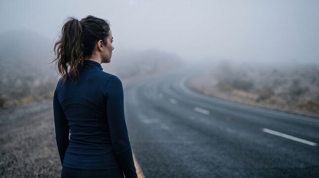 Back view of young woman looking down foggy empty mountain road during cold overcast morning weather.