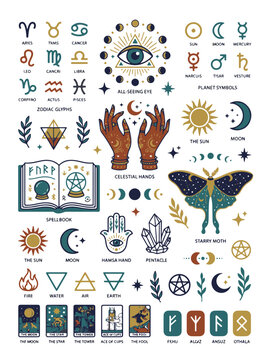 Esoteric Celestial Symbols and Zodiac Glyphs Illustration Set on Transparent Background