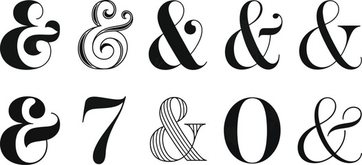Ampersand typography symbol set featuring elegant black and gray decorative vector icons for branding, lettering, logos, and creative design projects. © Golapi