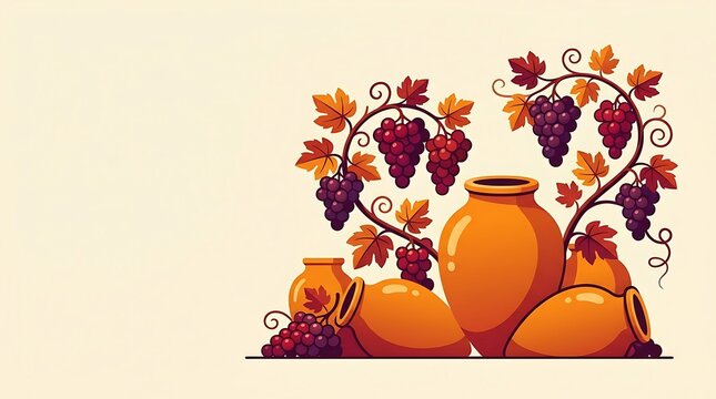 Autumn harvest background with grapes and clay pottery