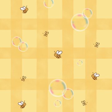 yellow background with bees and bubbles