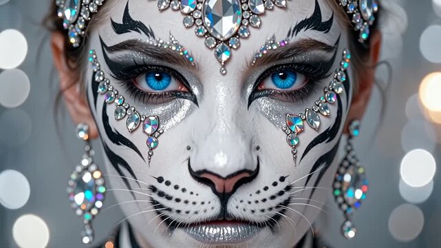 Female model with tiger face paint and sparkling jewelry poses for the camera, showcasing intricate makeup details and vibrant blue eyes against a blurred background