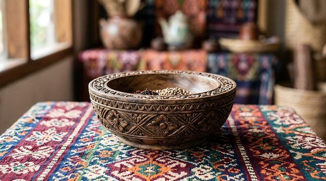 Intricately carved wooden bowl with spices on a colorful textile