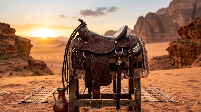 Traditional leather saddle on wooden stand in desert at sunset