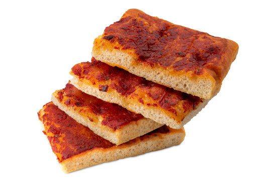 Four slices of traditional Italian red pizza stacked on a white background. Thick, soft and airy leavened dough topped with rich tomato sauce, capturing authentic Sicilian street food essence.