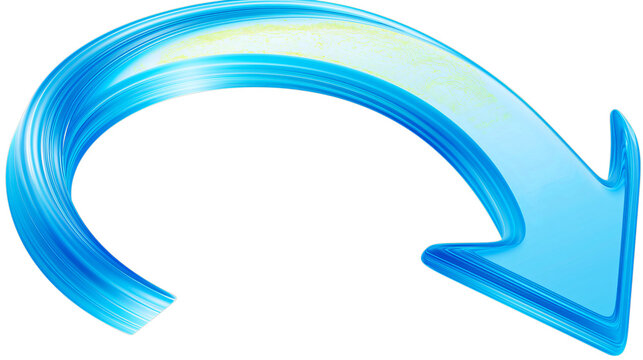 Glossy blue arrow curving to the right, isolated on a transparent background, symbolizing progress, direction, and a modern, dynamic flow