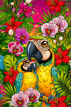 Zwei bunte Aras zwischen tropischen Orchideen und exotischen Blumen &ndash; farbenfrohe Illustration