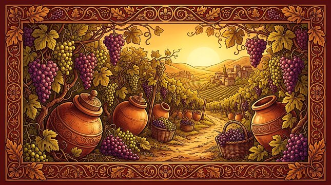 Scenic vineyard harvest with grapes and amphorae at golden hour