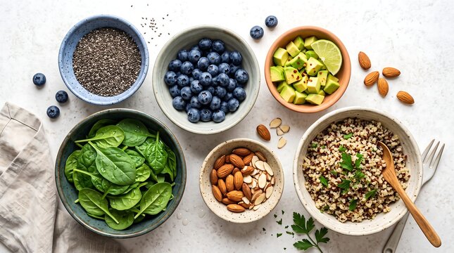 Balanced healthy diet bowl selection with spinach blueberries chia seeds avocado and quinoa on white marble kitchen surface