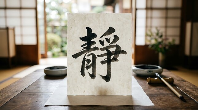 Japanese calligraphy of the kanji for peace in a zen room