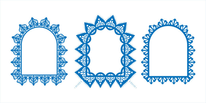 Set of three decorative lace frames with arched tops in blue color