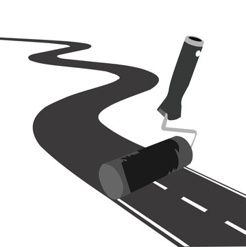 Road Construction Paint Roller Creating Asphalt Highway Vector Illustration. Resizable and editable, EPS 10.