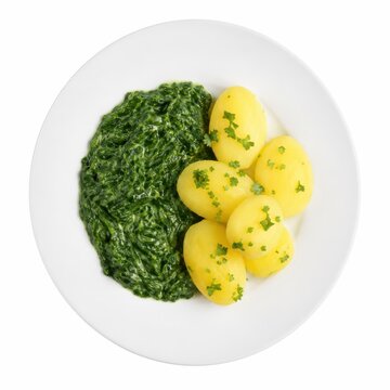 Rahmspinat mit Salzkartoffeln auf wei&szlig;em Teller, klassisch und schlicht serviert. Studioaufnahme in exakter Vogelperspektive vor wei&szlig;em Hintergrund, freigestellt und sauber.