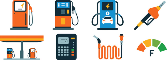 Gas, station illustration with fuel pumps, dispensers, petrol service, refueling equipment and modern flat style vector design. © Rashed 