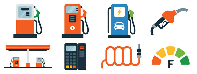 Gas, station illustration with fuel pumps, dispensers, petrol service, refueling equipment and modern flat style vector design. © Rashed 