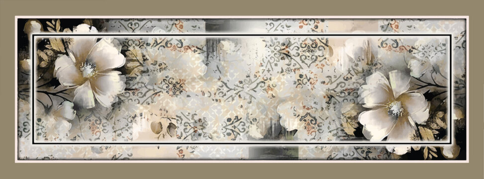 Luxury silk scarf design with elegant white flowers, antique damask lace, and distressed tile textures. Vintage golden beige shawl print