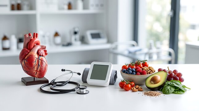 Anatomical heart model with stethoscope and blood pressure monitor and fresh healthy food on table for cardiovascular health and wellness concept
