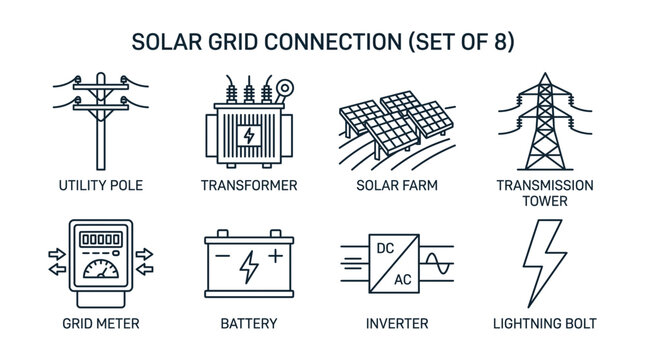 Solar grid connection icons display electrical infrastructure components for large power networks.