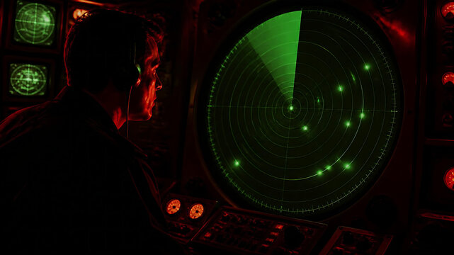 Military radar screen with green sweep, air defense and early warning system display
