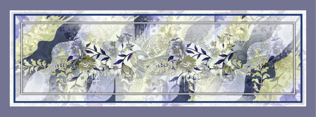 Rectangular silk scarf design with classic paisley and violet flower motifs. © remember