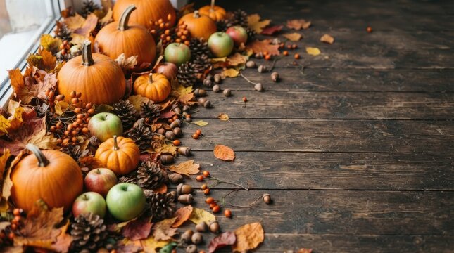 Rustic thanksgiving background with pumpkins and autumn leaves on a wooden table