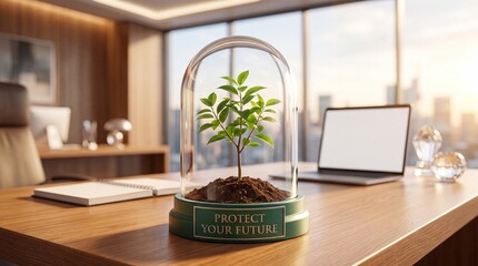 Fototapeta premium Small green plant protected under glass dome on executive office desk for sustainable financial planning concept