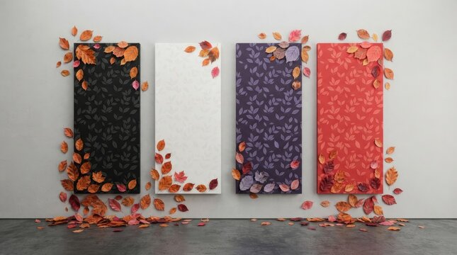 Four blank vertical frames decorated with colorful autumn leaves for thanksgiving holiday displays