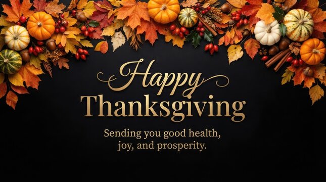Happy thanksgiving greeting card with autumn pumpkins and colorful fall leaves on black