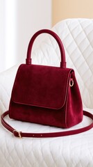 Obraz premium Luxury burgundy suede top handle handbag on a white quilted armchair in a bright minimalist interior. Elegant editorial product shot with soft natural light and gold accents.