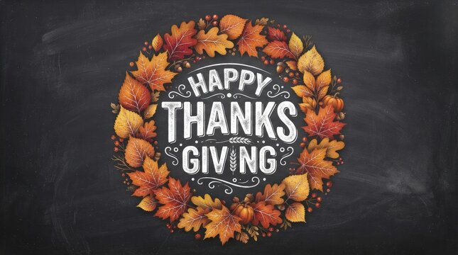 Happy thanksgiving greeting card design with autumn leaves wreath on chalkboard background