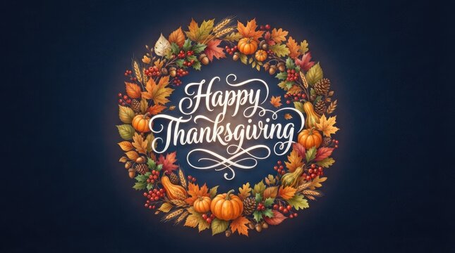 Happy thanksgiving greeting card with a decorative autumn harvest wreath on dark background