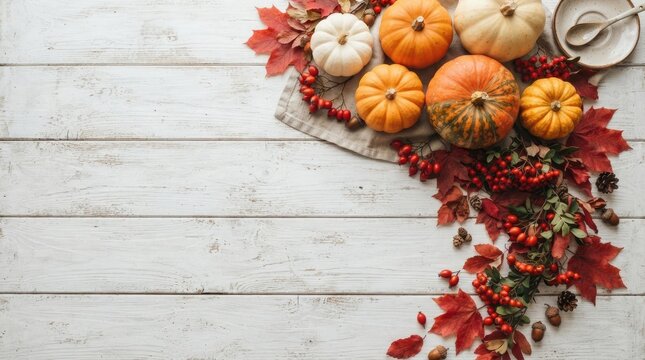 Festive thanksgiving background with pumpkins and autumn leaves on rustic white wooden planks