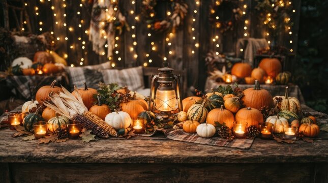 Festive thanksgiving table centerpiece with pumpkins and warm glowing fairy lights background