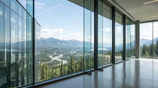 A panoramic view of scenic mountain landscapes through large glass windows perfect for capturing professional shots on world photography day celebrations