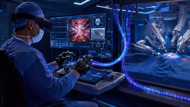 Surgeon operating robotic system via VR and fiber-optic network