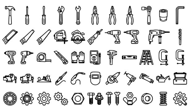 Industrial carpentry tools line icon set with hardware equipment vectors isolated on white background