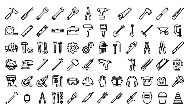 Complete handyman hardware tools line icon set with construction equipment vectors on white background