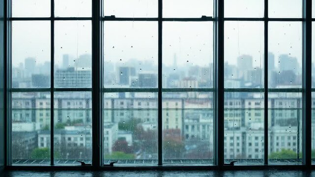 Raindrops on window glass looking out over a blurred gray city skyline rain urban stormy weather moody
