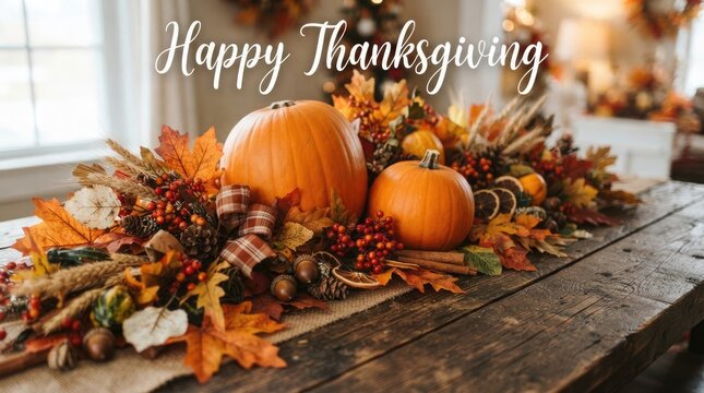 Festive thanksgiving table centerpiece with pumpkins and autumn leaves for holiday celebration