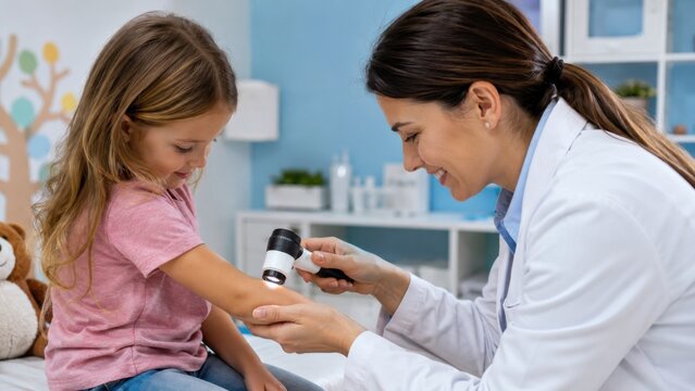 Female doctor performing skin check on child's arm