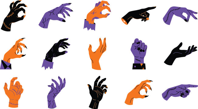 Set of colorful monster hands and zombie gestures for a spooky happy halloween day celebration and party design