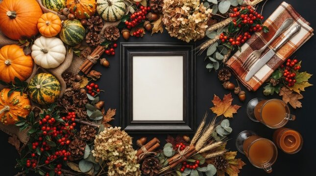 Empty picture frame surrounded by pumpkins and autumn leaves for thanksgiving holiday background
