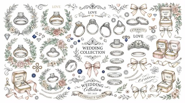 Hand-drawn wedding ring collection doodle set romantic elements vector illustration draw