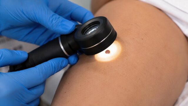 Doctor examining skin mole with dermatoscope