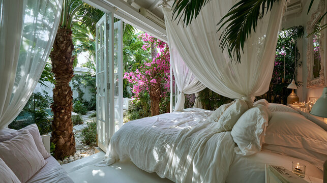 Luxurious Tropical Bedroom with Canopy Bed and Garden View