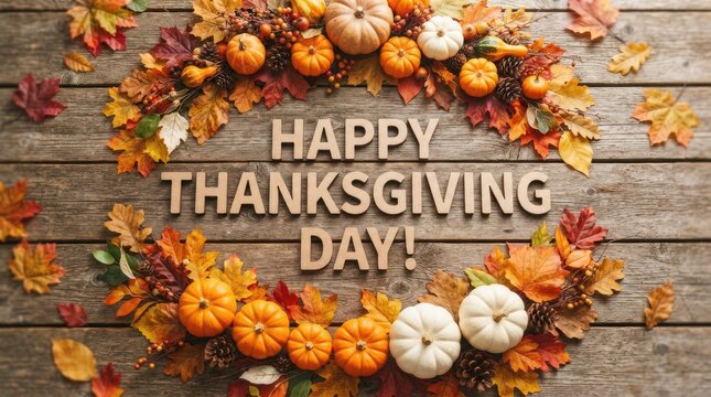 Happy thanksgiving day greeting with autumn pumpkins and colorful fall leaves on wooden background