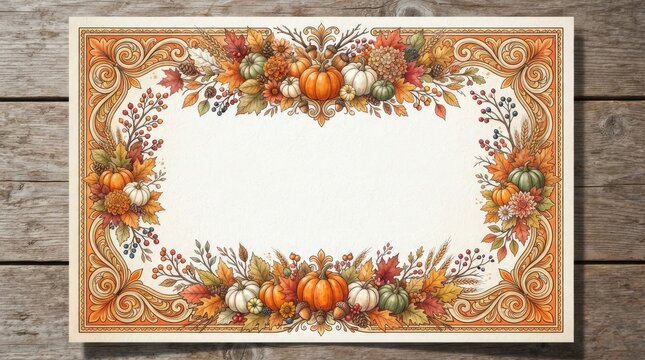 Decorative thanksgiving border with watercolor pumpkins and autumn leaves on wooden background